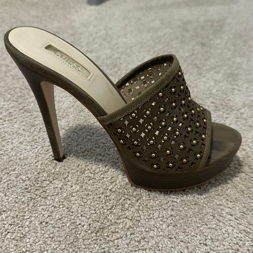 GUESS mules. Olive green suede(genuine not vegan) with gold balls detail.